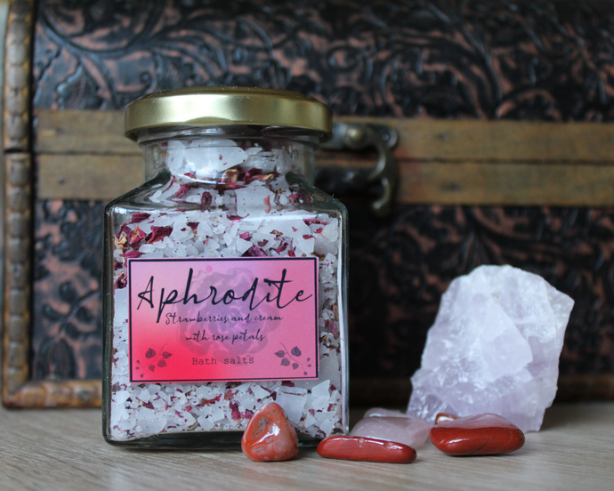 A jar of Aphrodite, strawberry and cream with rose petals bath salts.