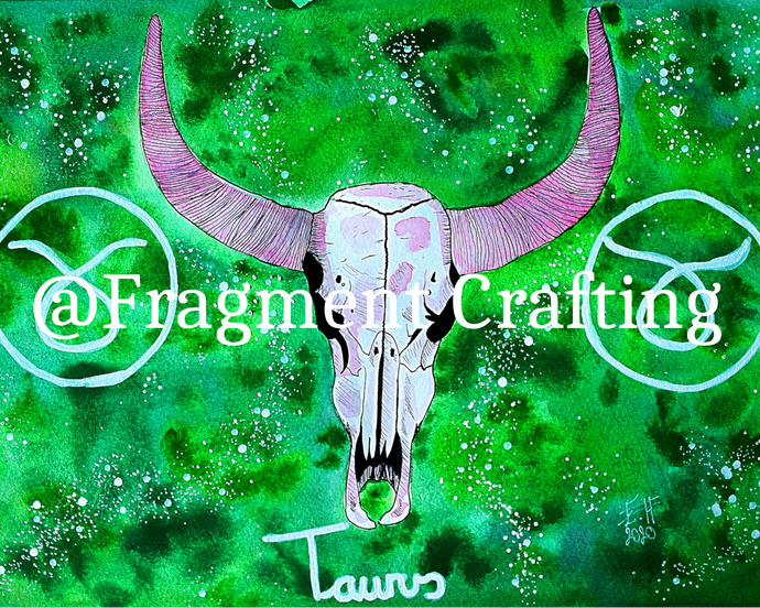 A print copy of a Taurus star sign watercolour painting with a green background and white skull of a bull.