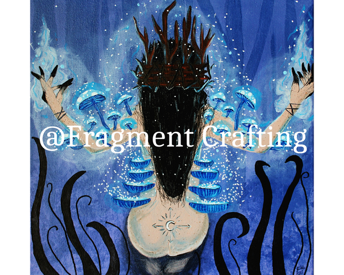 A print of an acrylic piece of art of a kneeling Forest Fae in a forest.