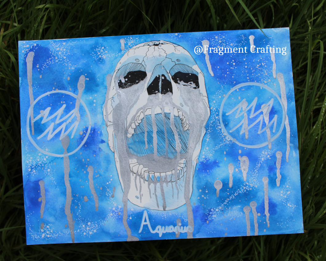 An original watercolour painting of the Aquarius star sign of blue background and white skull with open mouth.