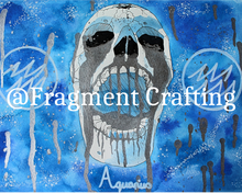 Load image into Gallery viewer, A print copy of Aquarius star sign painting of blue background and white skull with open mouth.
