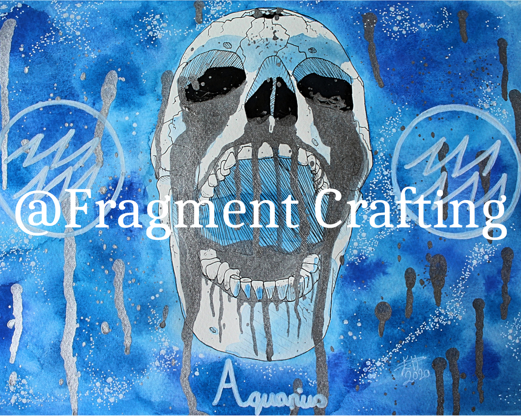 A print copy of Aquarius star sign painting of blue background and white skull with open mouth.