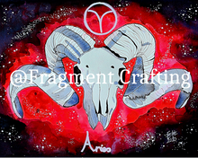 Load image into Gallery viewer, A print copy of Aries star sign painting of a red and purple background with a white Ram&#39;s skull.
