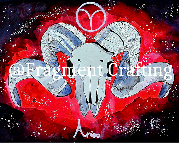 A print copy of Aries star sign painting of a red and purple background with a white Ram's skull.