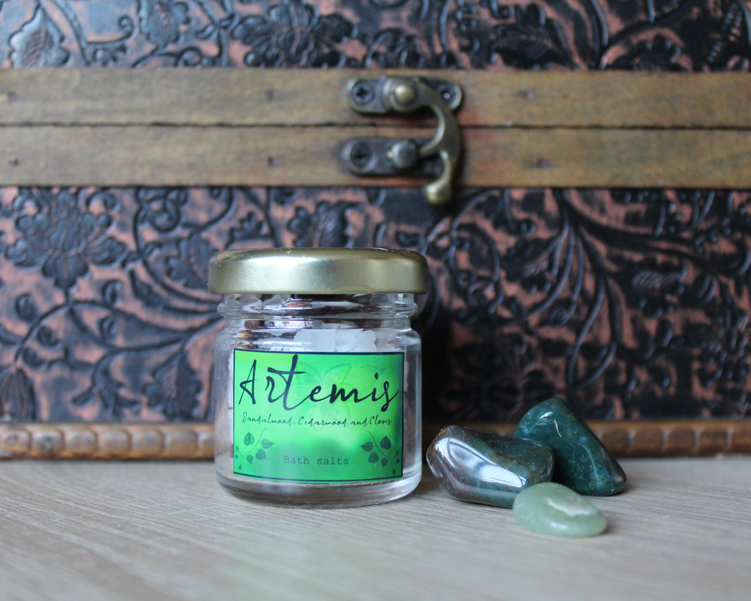 A small jar of Artemis, sandalwood, cedarwood and cloves bath salts.