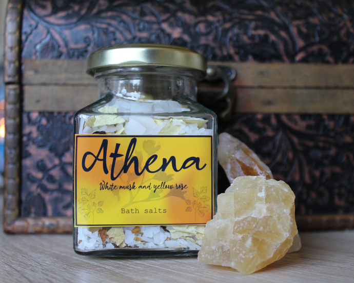 A jar of Athena, white musk and yellow rose, bath salts.