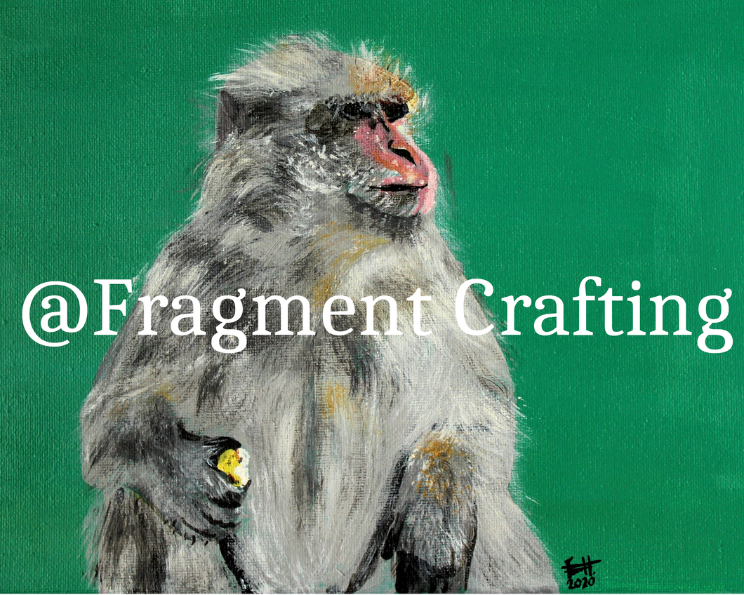 A print copy of an acrylic painting of a green background with a Barbary Macaque monkey sitting eating an apple looking to its left.