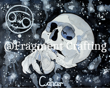 Load image into Gallery viewer, A print copy of a Cancer star sign watercolour painting with a black and grey background and white skull with a crab.

