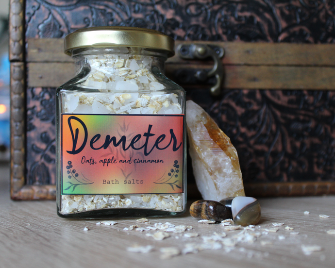 A jar of Demeter, oats, apple and cinnamon bath salts.