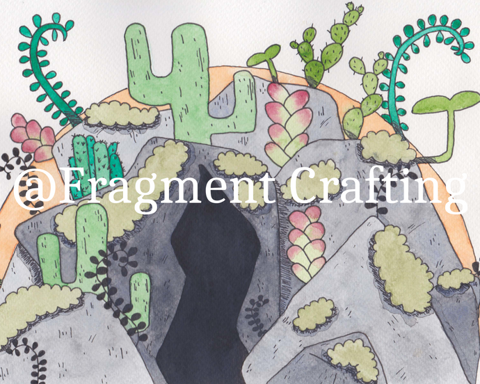 Desert cave illustration with cactus and vegetation over a grey cave.