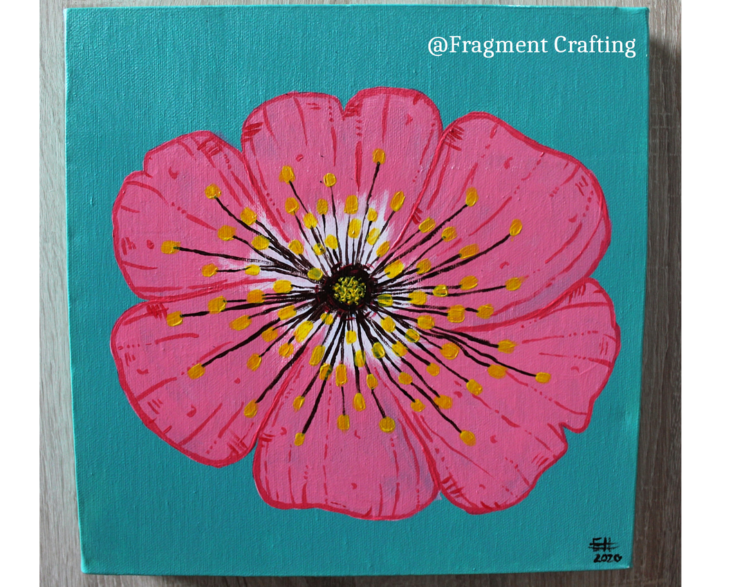 Acrylic painting of a pink dog rose on a teal background.
