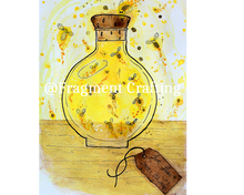 Load image into Gallery viewer, A print of ink artwork of a yellow firefly jar on a table with fireflies flying around.
