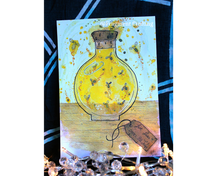 Load image into Gallery viewer, A print of ink artwork of a yellow firefly jar on a table with fireflies flying around.
