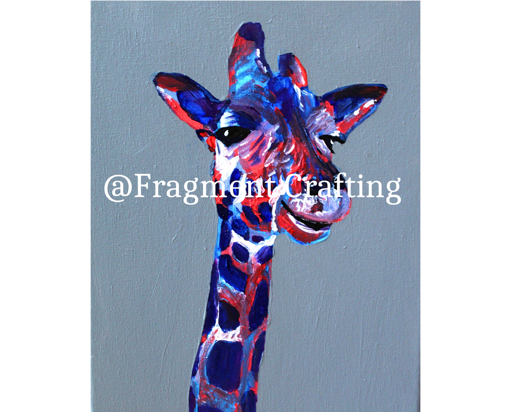 An acrylic painting of a giraffe's neck and head.