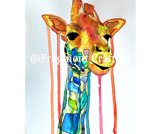 A print copy of a watercolour painting of a giraffe's neck and head.