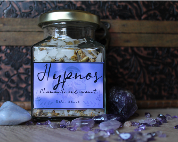 A jar of Hypnos, chamomile and coconut bath salts.