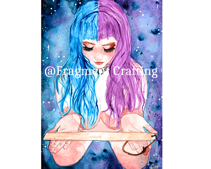A print copy of a watercolour painting of a nude kneeling woman with blue and purple hair.