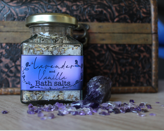 A jar of Lavender and Vanilla bath salts.
