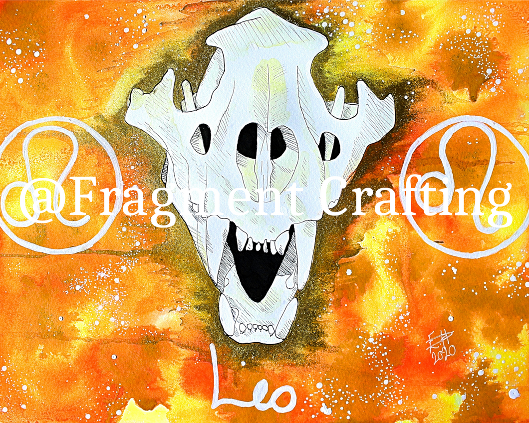 A print copy of a Leo star sign watercolour painting with a yellow and orange background and white skull of a lion.