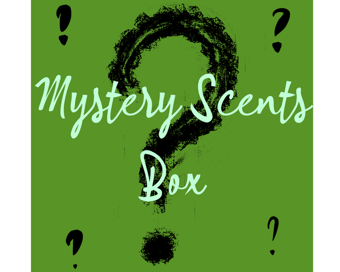 Mystery Scents box image on a green background and black question marks.