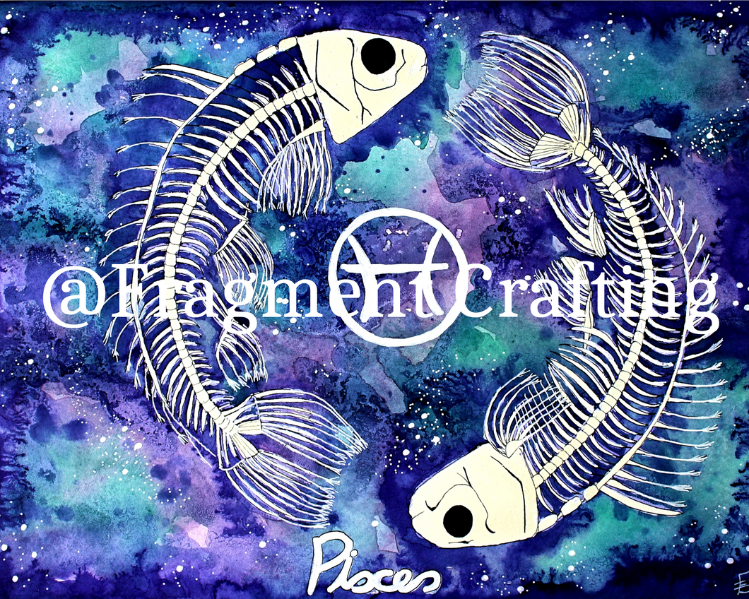 A print copy of a Pisces star sign watercolour painting with a green and purple background and two white fish skeletons.