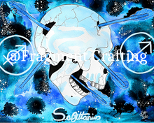 Load image into Gallery viewer, A print of a watercolour zodiac Sagittarius star sign of a white skull with arrows through on a blue background.
