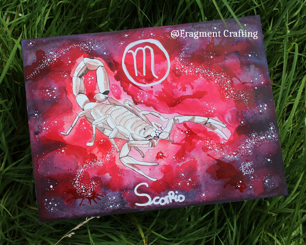 An original watercolour painting of a Scorpio star sign with a red background and white scorpion skeleton being showcased on the grass.
