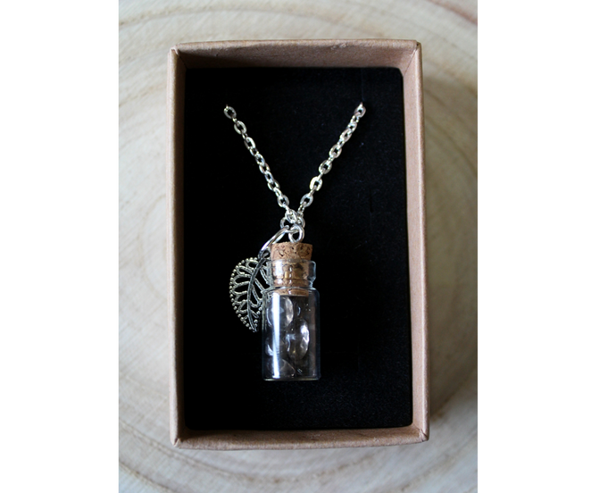 A boxed silver necklace with a leaf and small corked bottle of smokey quarts crystals.