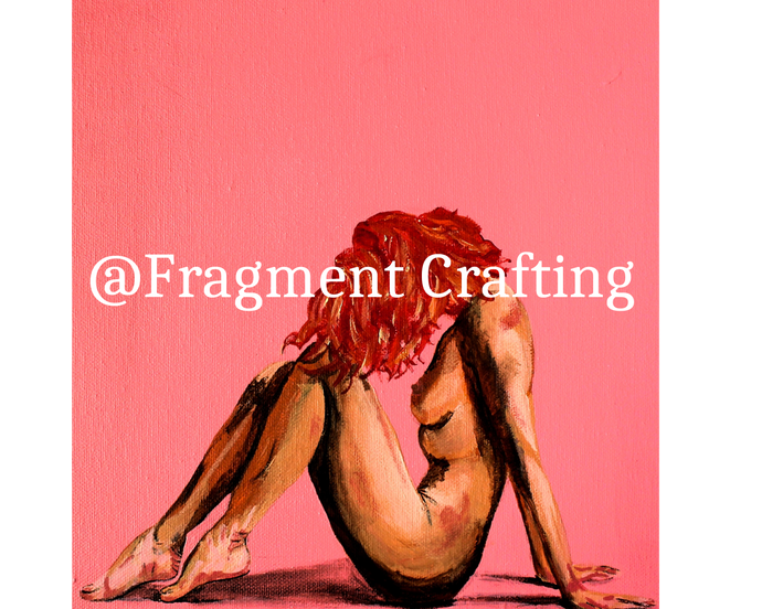 A print copy of an acrylic piece of artwork with a pink background and a nude woman sitting sideways.