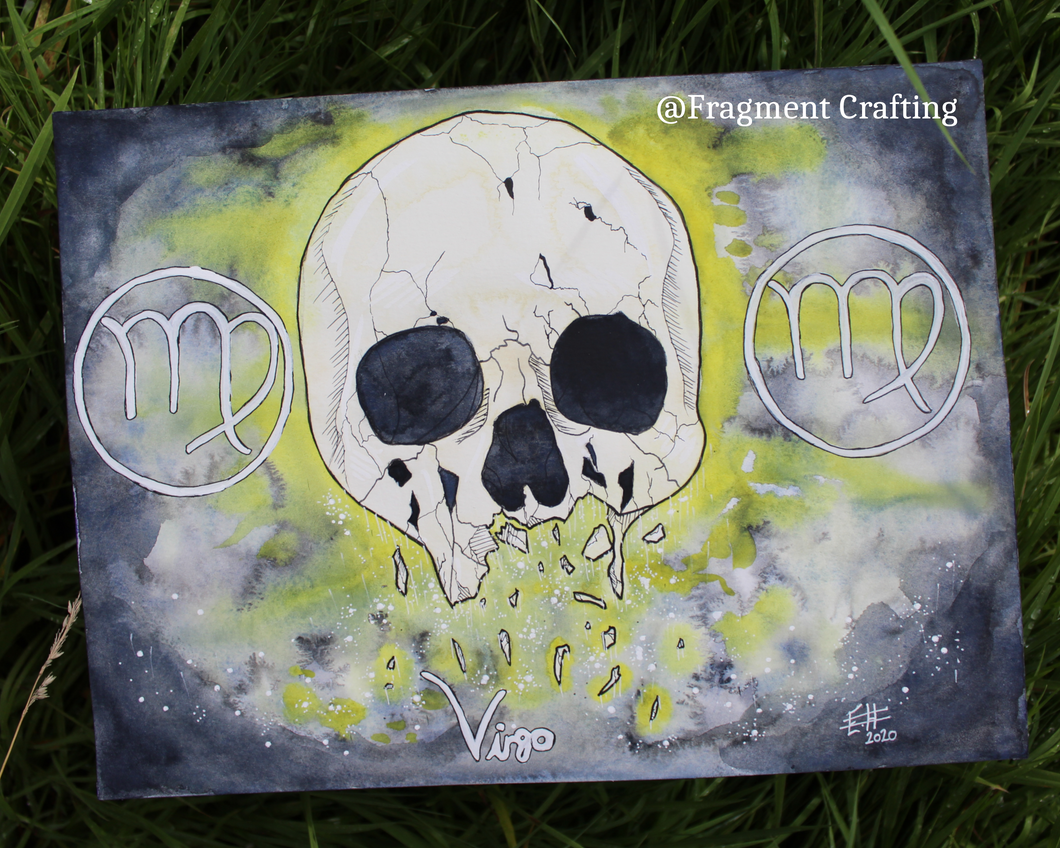 An original watercolour painting of a Virgo star sign with a black, grey and yellow background and white broken skull being showcased on the grass.