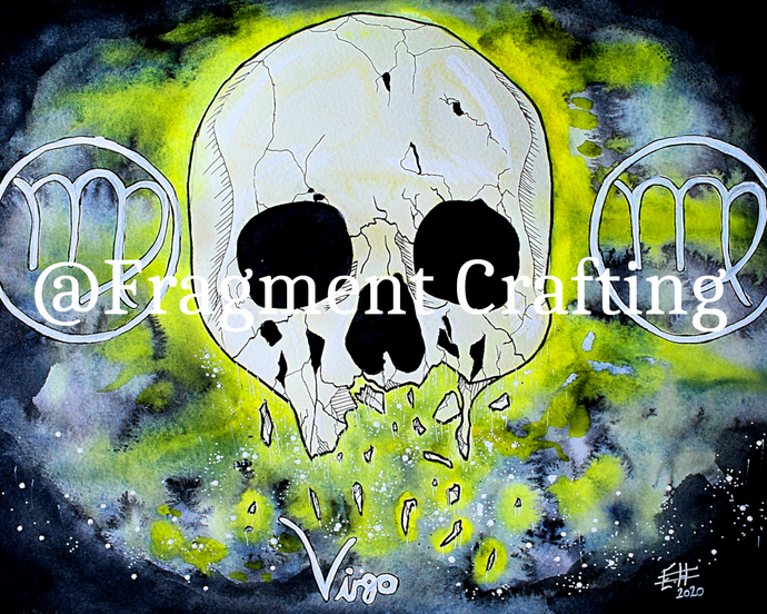 A print copy of a Virgo star sign watercolour painting with a black, grey and yellow background and white broken skull.