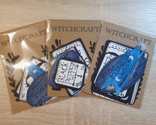 Load image into Gallery viewer, Multiple packs of witchcraft stickers such as Moonblessed water sign and black pepper sign.
